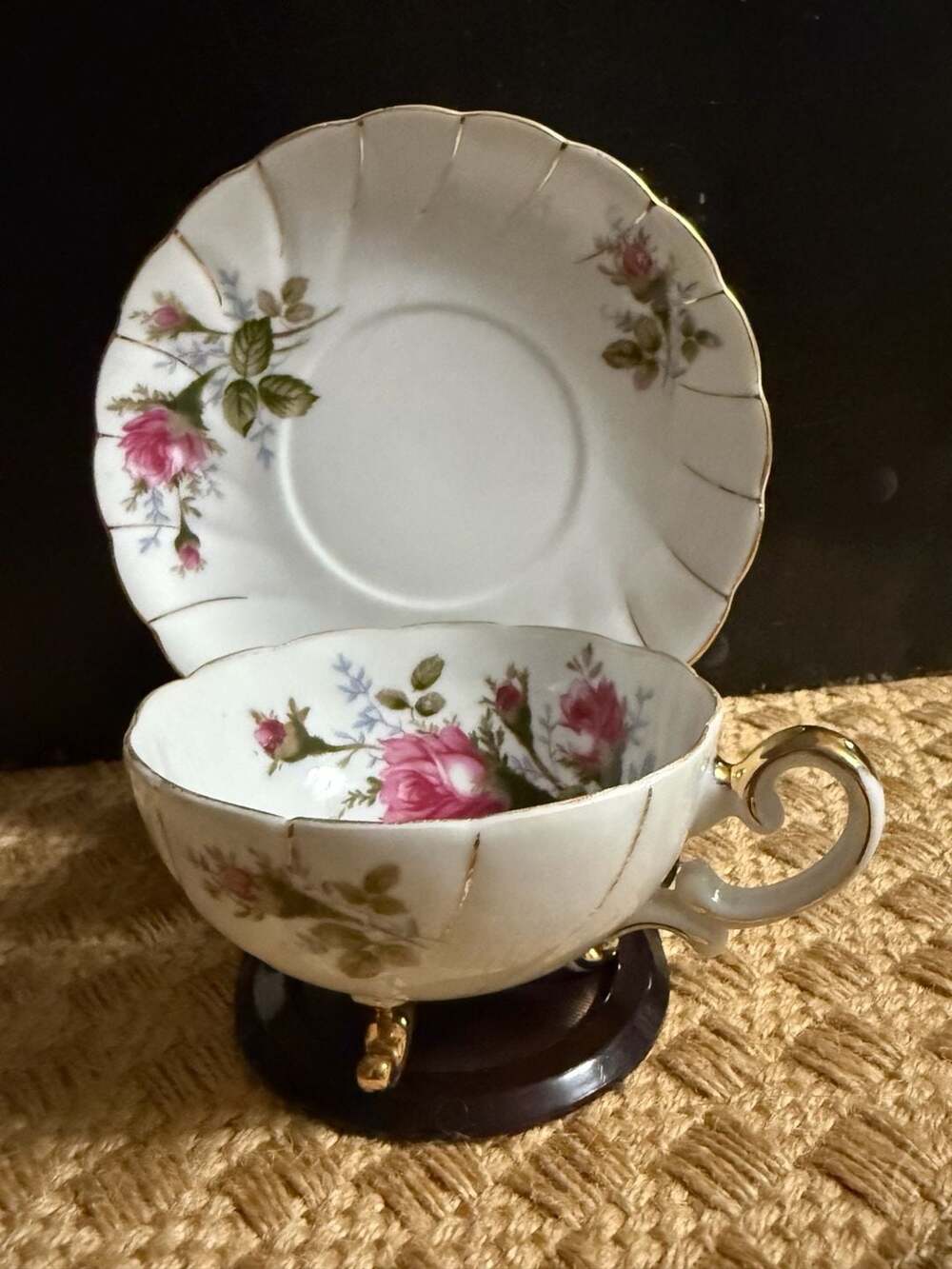 Vintage Ucagco China Footed Teacup and Saucer with Pink Roses and Gold Trim